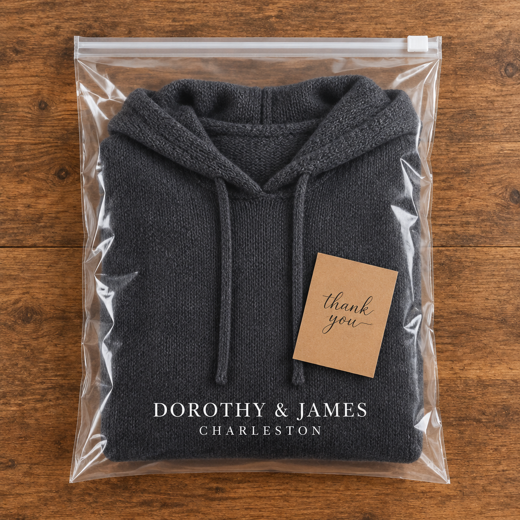 Camille poncho sweater in Dorothy and James Charleston branded packaging