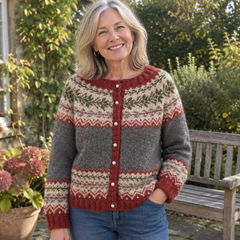 Woman wearing Atasha cozy vintage cardigan, lifestyle photo