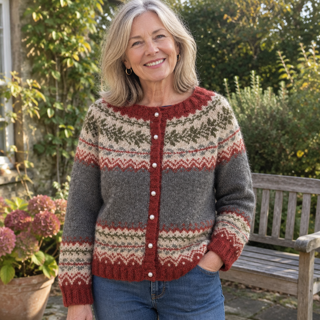 Woman wearing Atasha cozy vintage cardigan, lifestyle photo