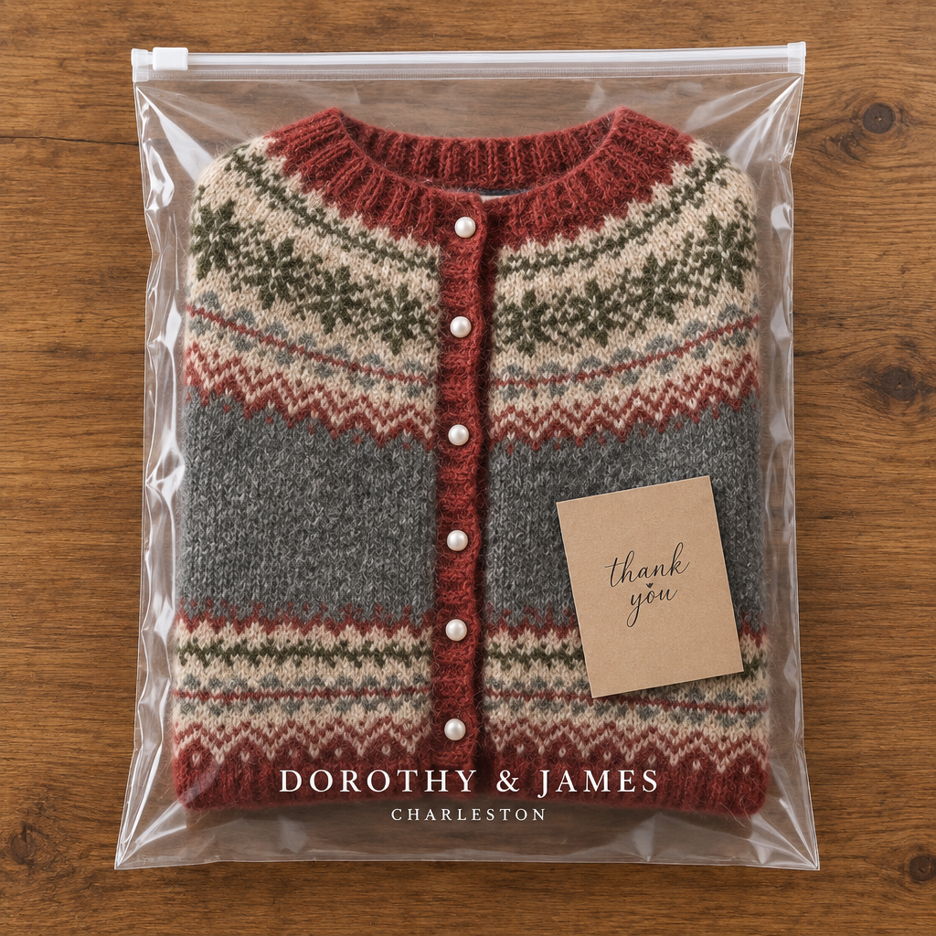 Atasha cardigan in Dorothy and James Charleston branded packaging