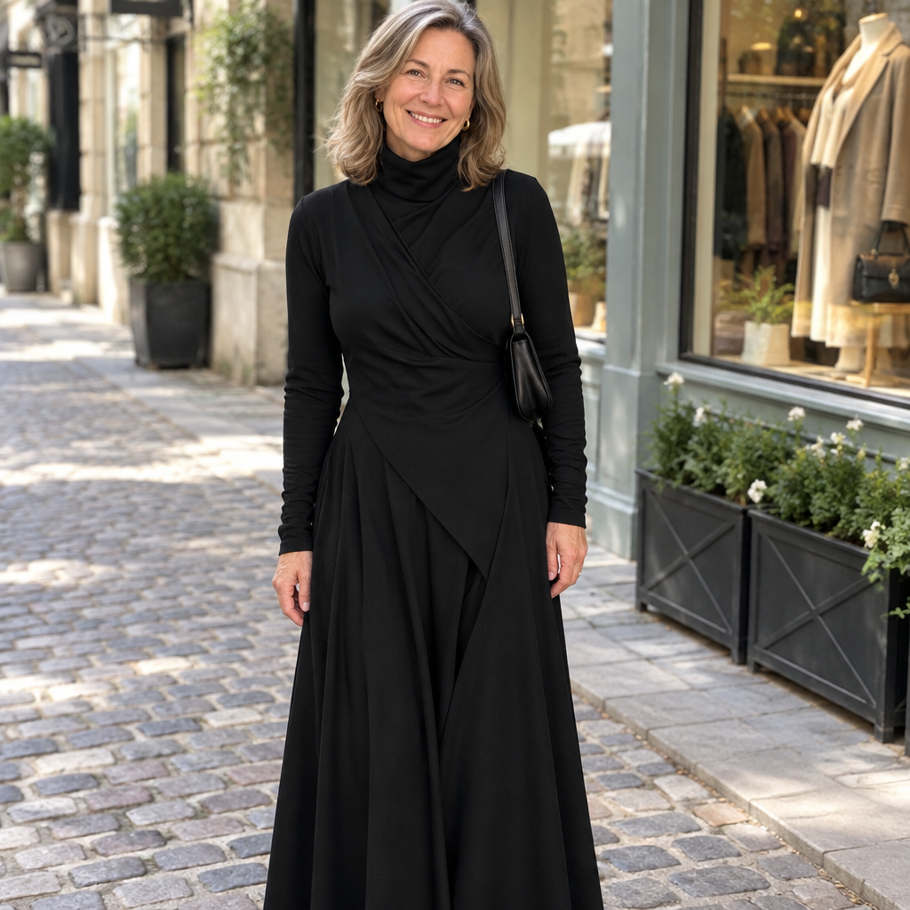 Woman wearing Arielle vintage asymmetrical turtleneck dress, lifestyle photo