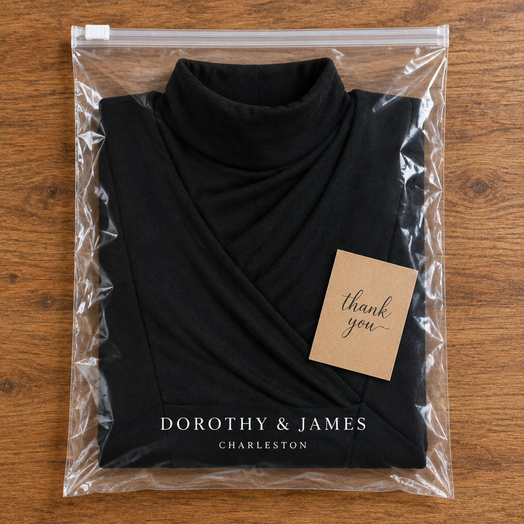 Arielle turtleneck dress in Dorothy and James Charleston branded packaging