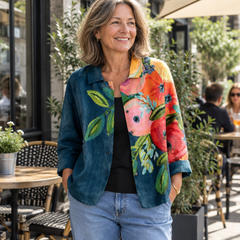 Woman wearing The Persephone Blouse, lifestyle photo