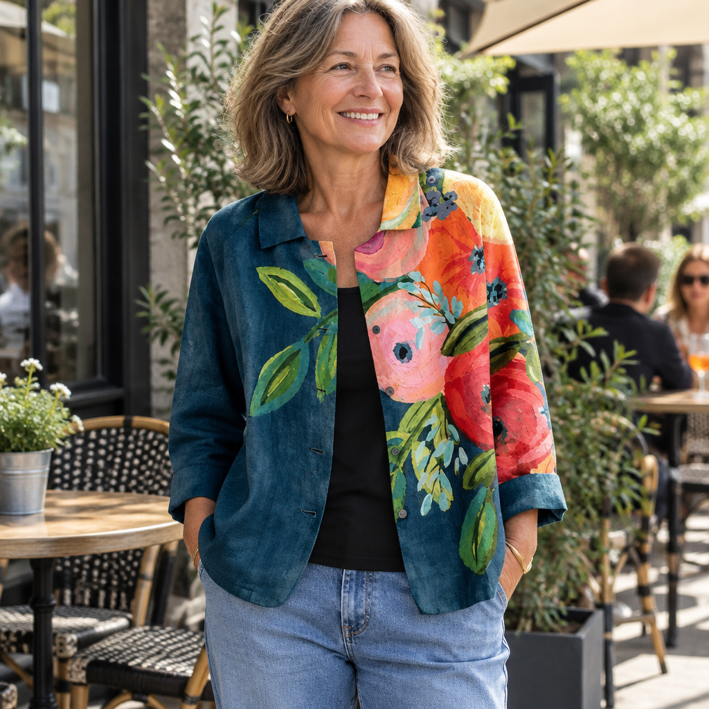 Woman wearing The Persephone Blouse, lifestyle photo