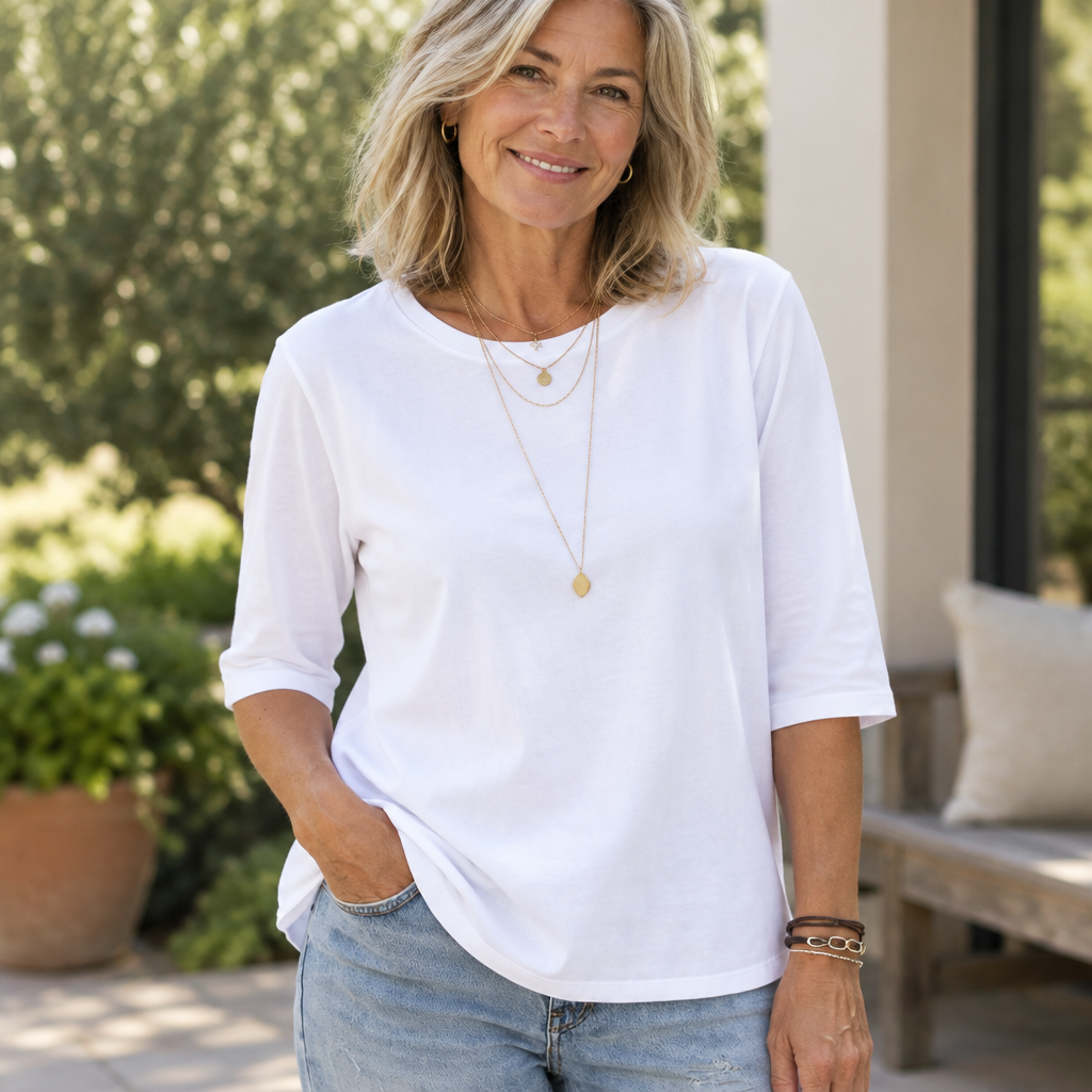 Woman wearing Calvera essential comfort tee, lifestyle photo