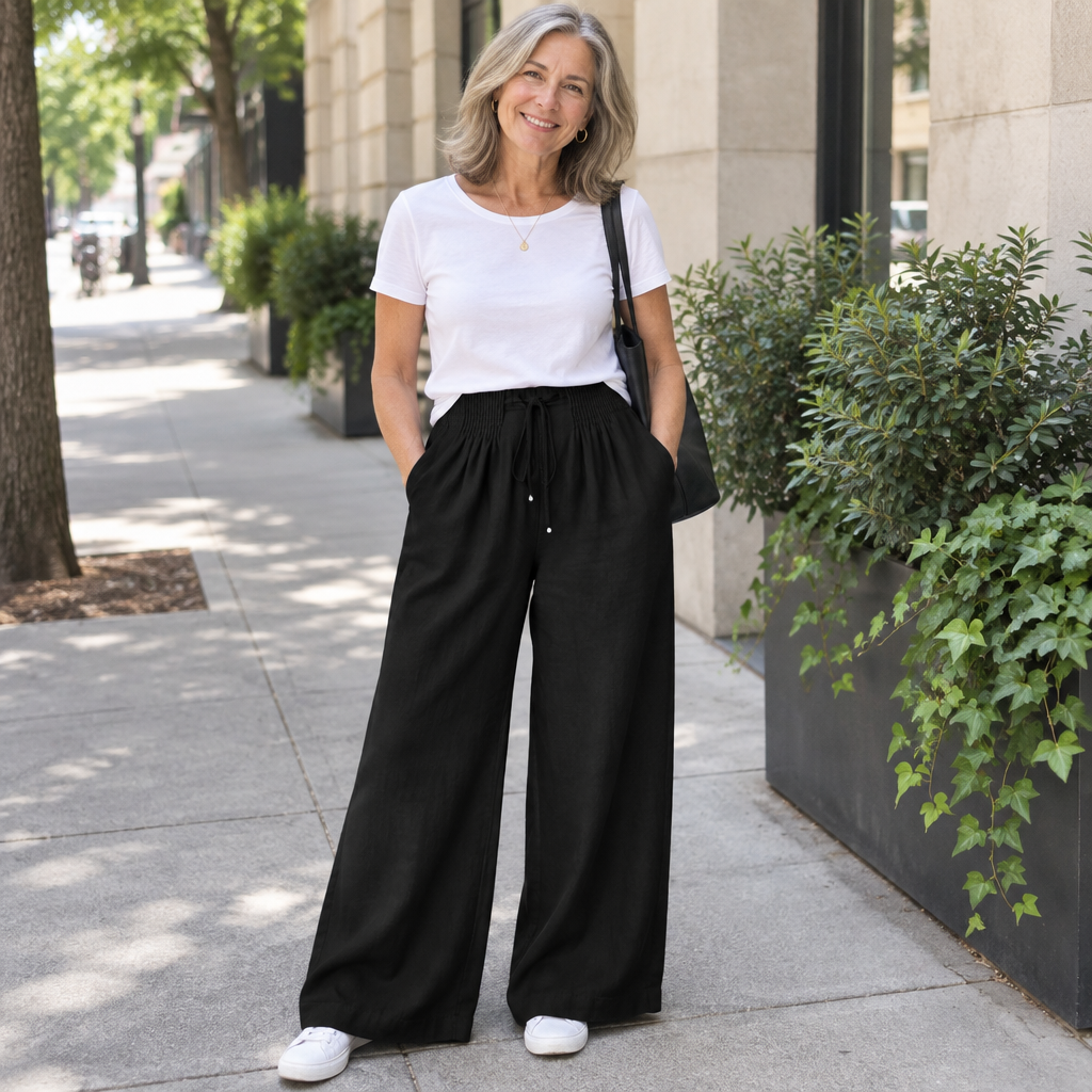 Woman wearing Isa wide leg pants, lifestyle photo