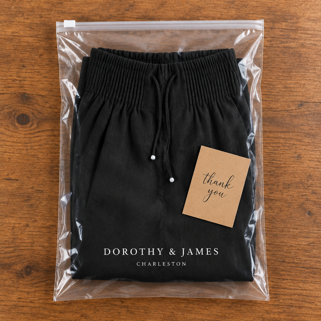 Isa wide leg pants in Dorothy and James Charleston branded packaging