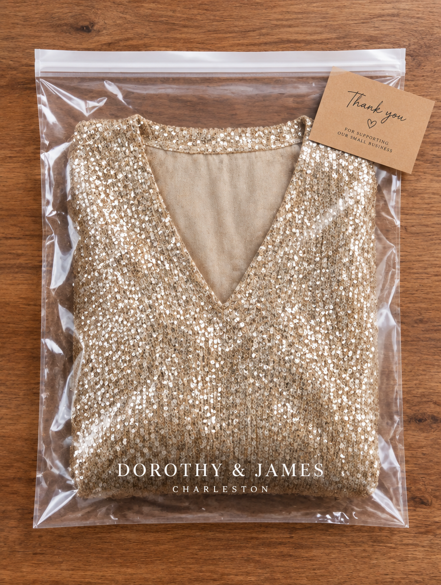 Dorothy & James Charleston packaging for Kate Sequin V-Neck Blouse