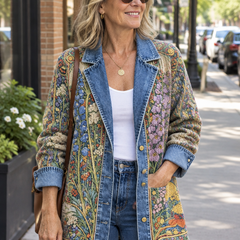 Elizabeth Vintage Floral Denim Jacket styled on a model
