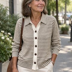Nola Striped Button Cardigan styled on a model
