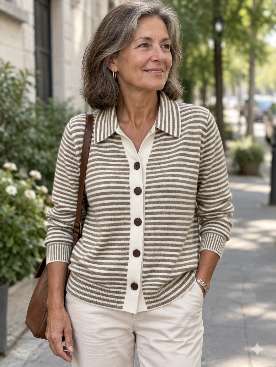 Nola Striped Button Cardigan styled on a model