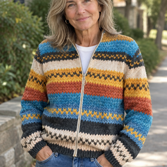 Cheryl Multicolour Striped Zip Cardigan styled on a model