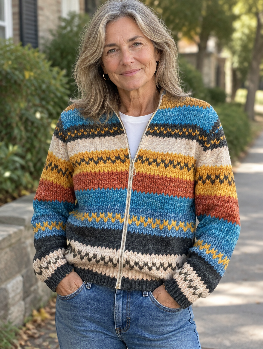Cheryl Multicolour Striped Zip Cardigan styled on a model