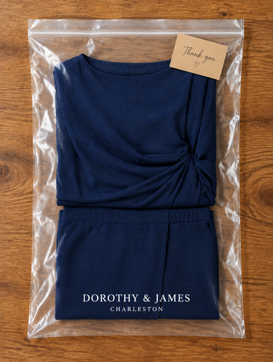 Navy blue two-piece set folded in Dorothy & James Charleston packaging