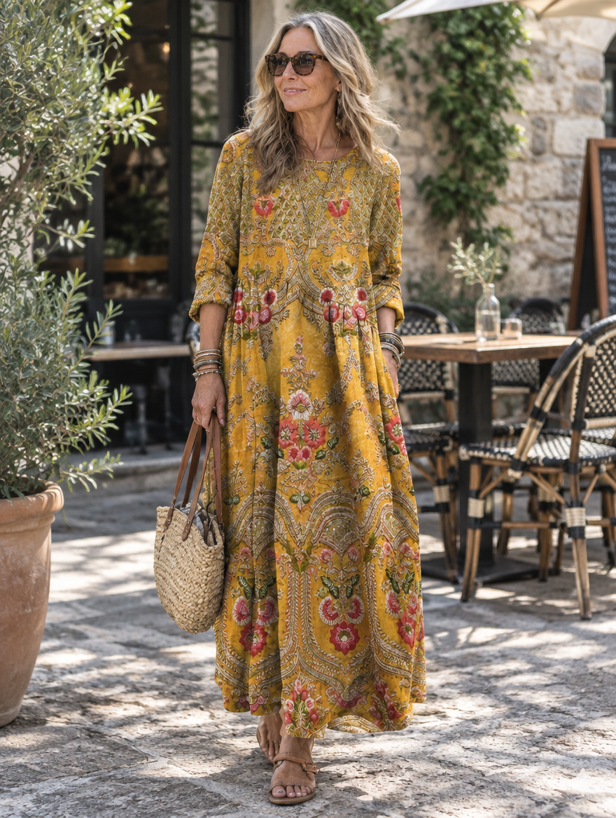 Woman wearing the vibrant multicolor floral flowy maxi dress