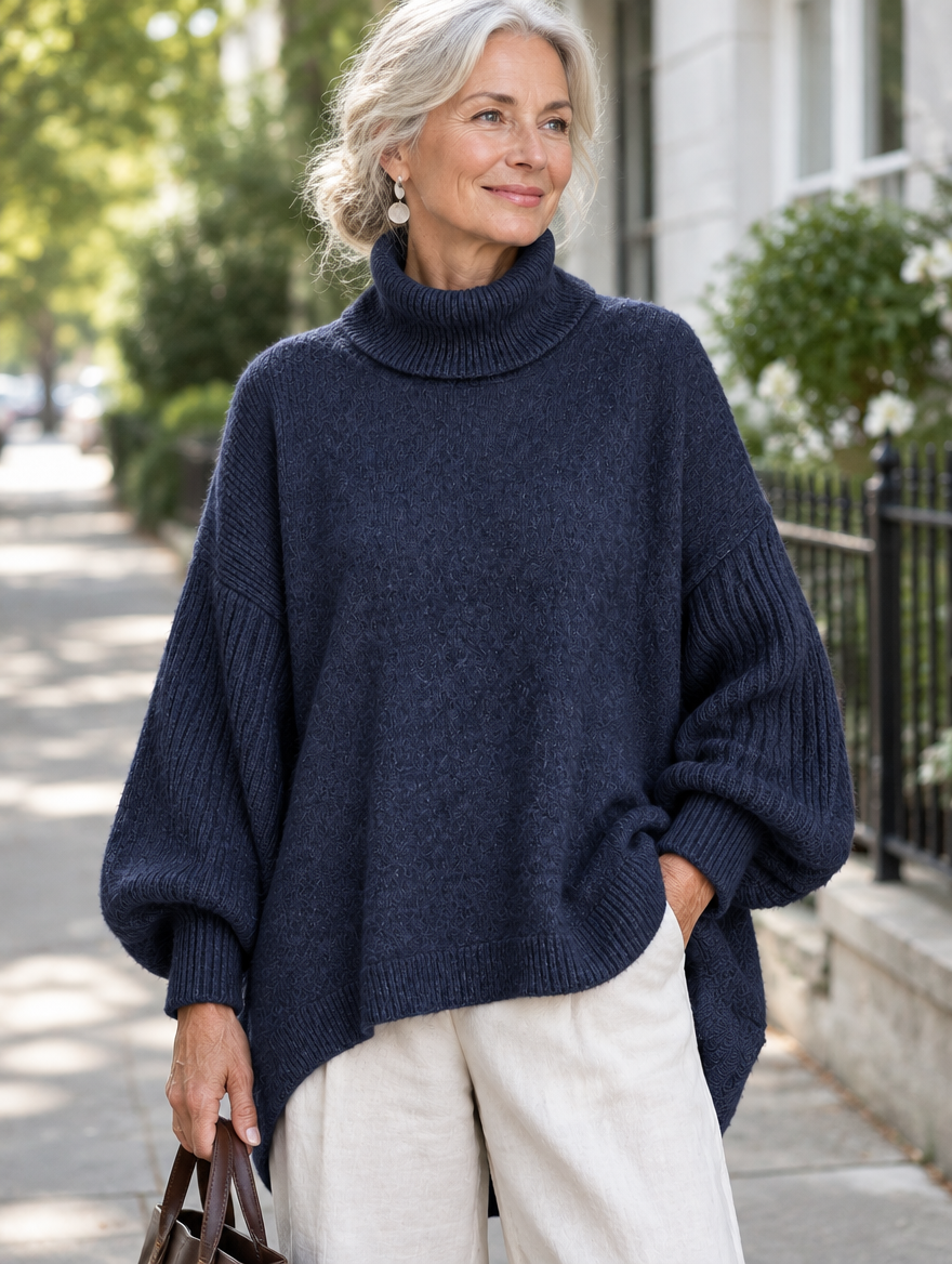 Woman wearing the navy blue oversized turtleneck sweater
