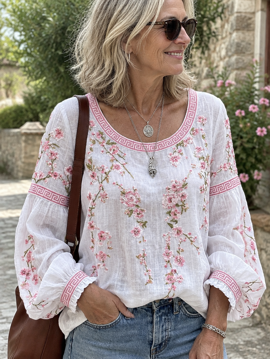 Woman wearing the white floral embroidered blouse