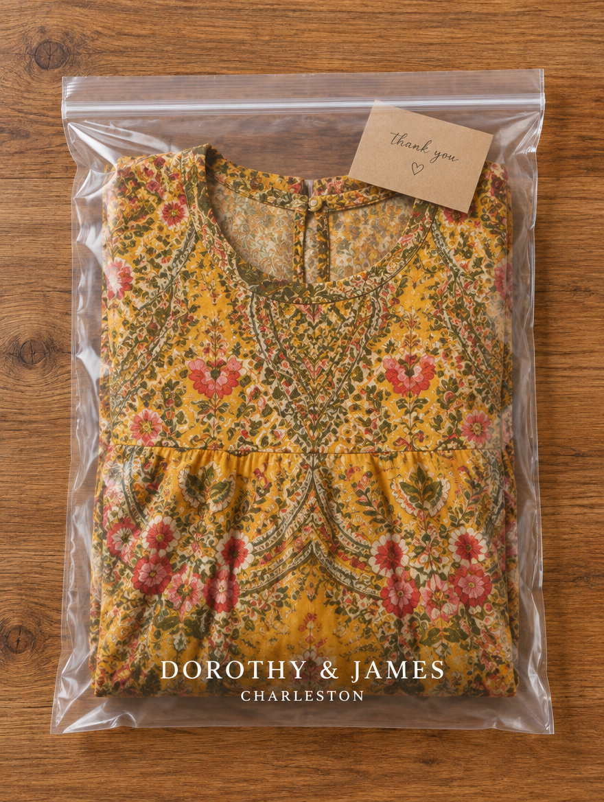 Multicolor floral maxi dress folded in Dorothy & James Charleston packaging