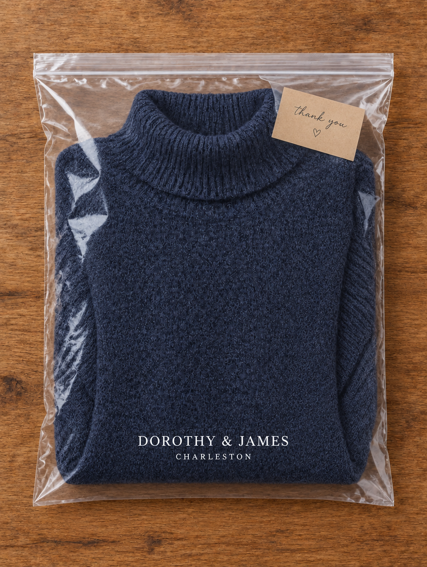 Navy blue turtleneck sweater folded in Dorothy & James Charleston packaging