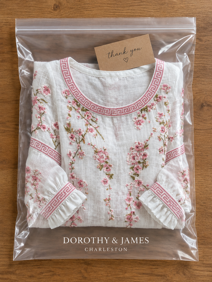 White floral blouse folded in Dorothy & James Charleston packaging
