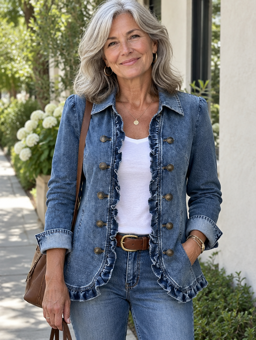 Woman wearing the medium blue boho ruffled jacket with decorative buttons