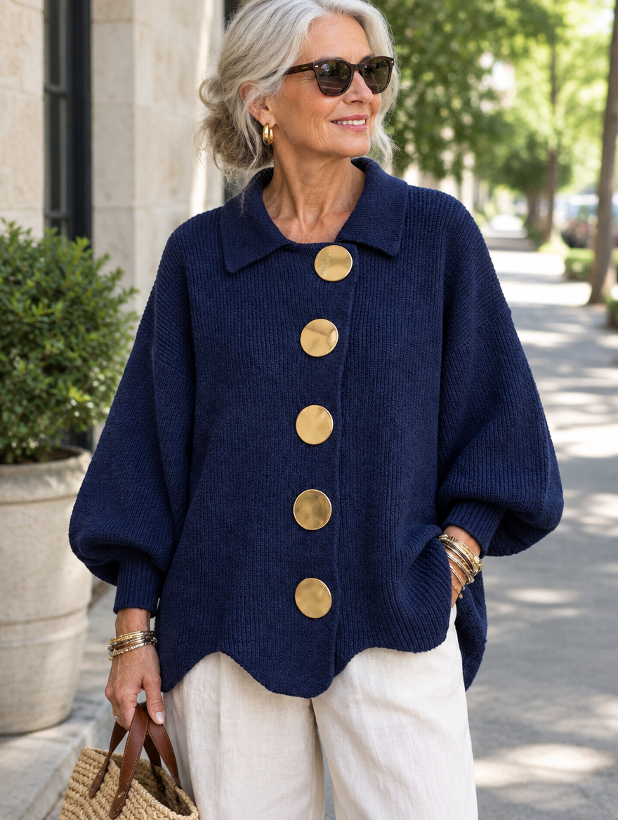 Woman wearing the navy blue oversized knit cardigan with gold buttons