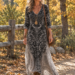 Woman wearing the black and white bohemian print maxi dress