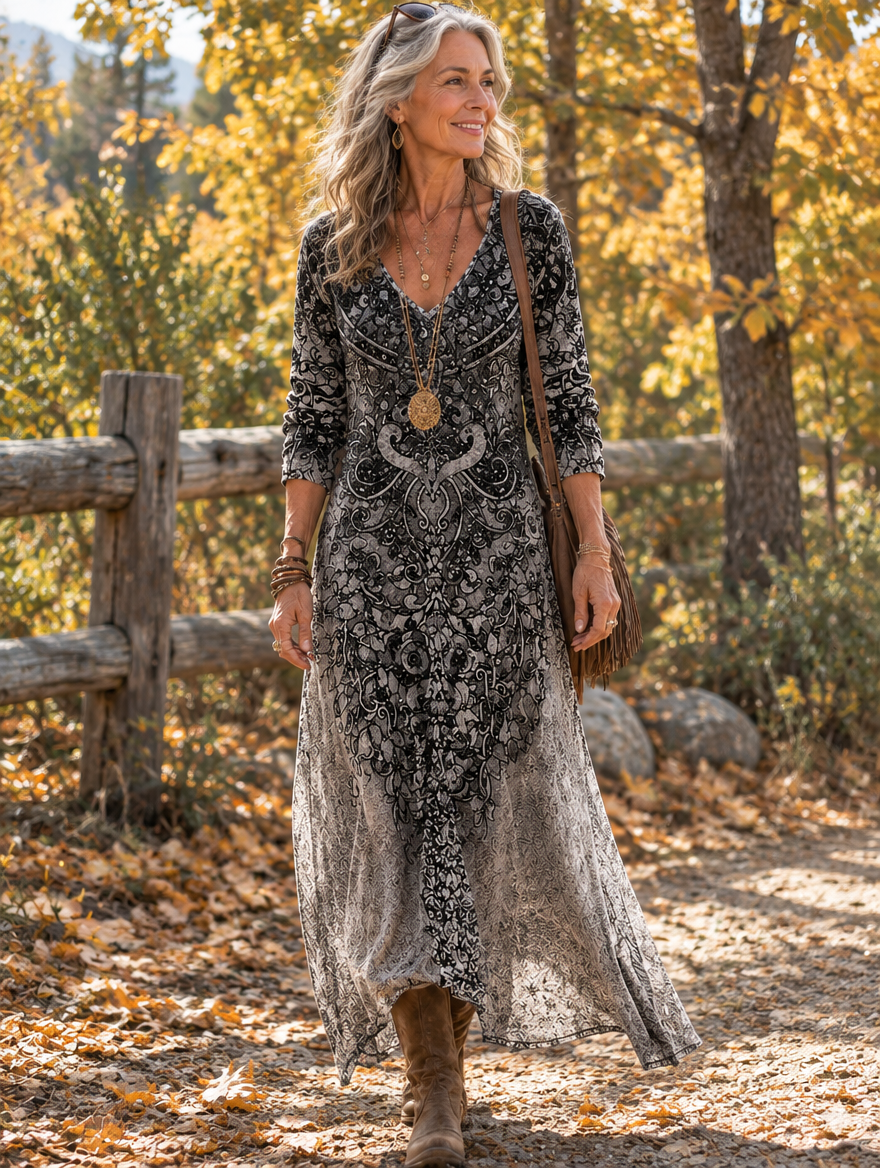 Woman wearing the black and white bohemian print maxi dress