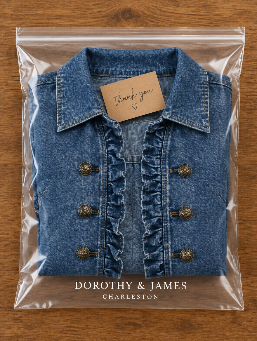 Medium blue ruffled jacket folded in Dorothy & James Charleston packaging