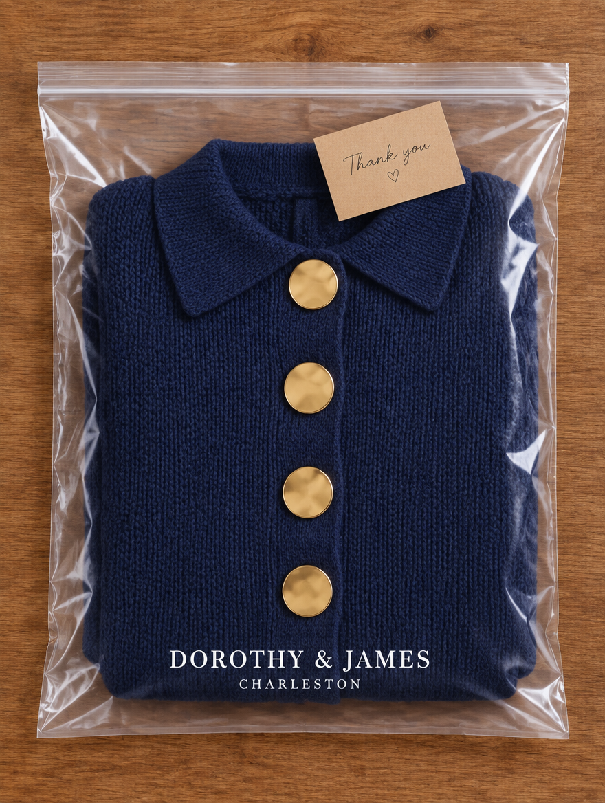 Navy blue knit cardigan folded in Dorothy & James Charleston packaging