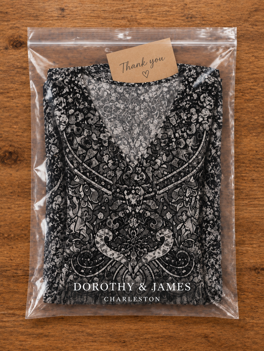 Black and white bohemian print maxi dress folded in Dorothy & James Charleston packaging