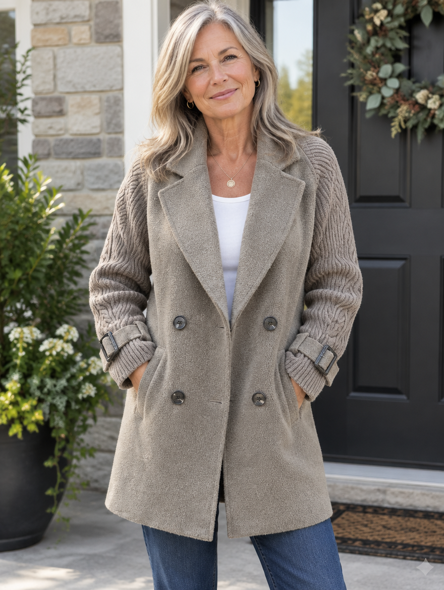 Woman wearing the Isola knit sleeve double-breasted coat outdoors