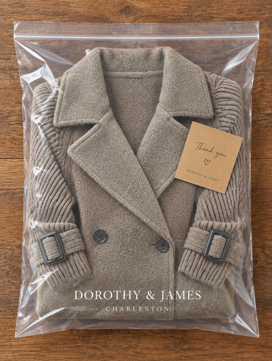 Isola coat folded in Dorothy & James Charleston packaging
