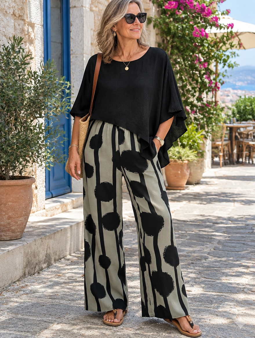 Woman wearing the Kalliope two-piece set outdoors