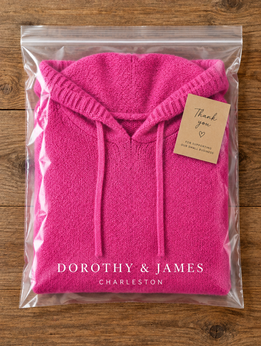Chloe pink poncho sweater folded in Dorothy & James Charleston packaging