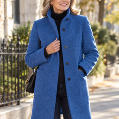 Woman wearing the Felicity stand-collar coat outdoors
