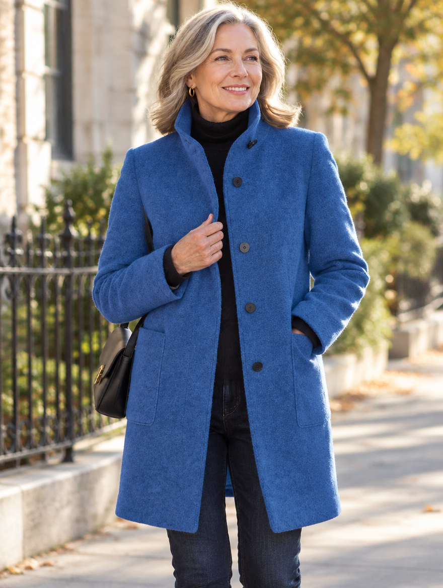 Woman wearing the Felicity stand-collar coat outdoors