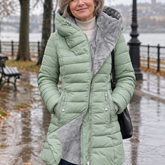Woman wearing the Sienna fleece-lined hooded winter coat outdoors