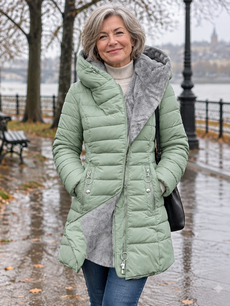 Woman wearing the Sienna fleece-lined hooded winter coat outdoors