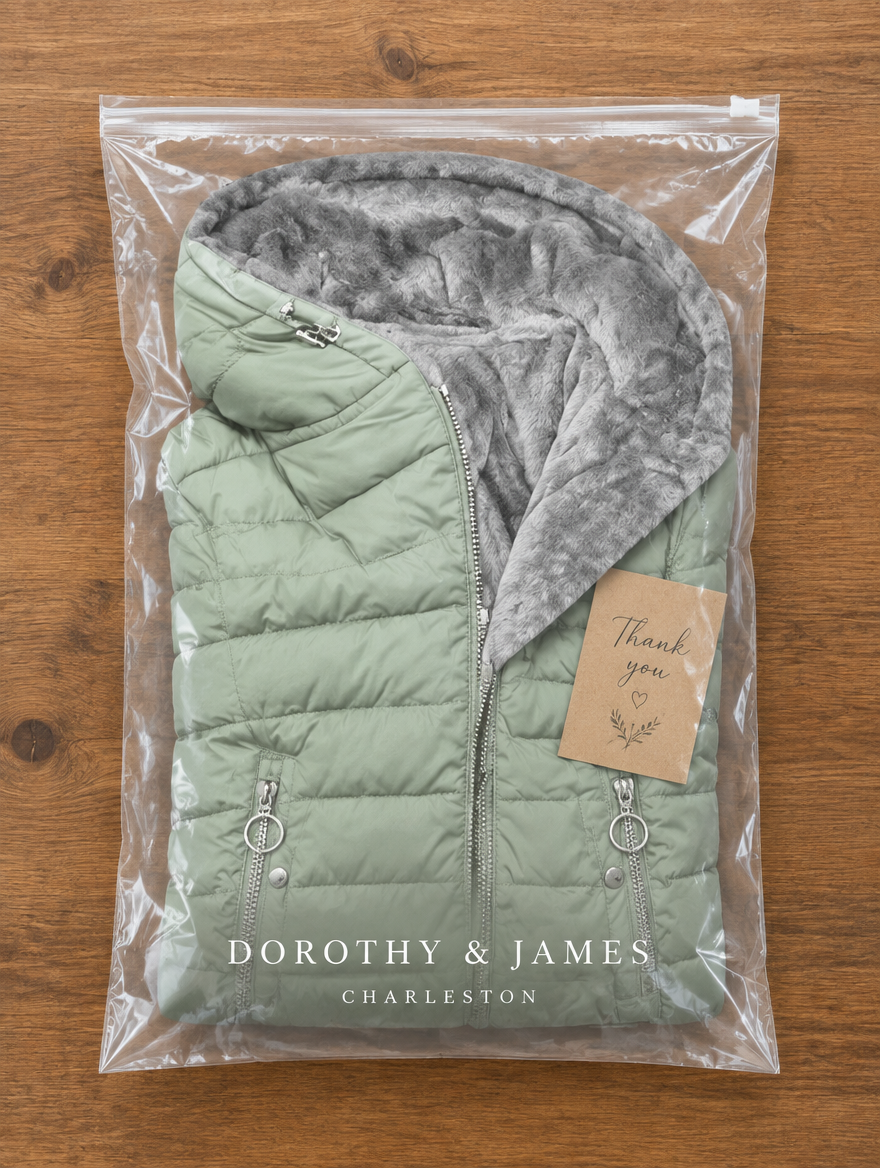 Sienna winter coat folded in Dorothy & James Charleston packaging
