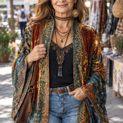 Woman wearing the Amara boho kimono jacket outdoors