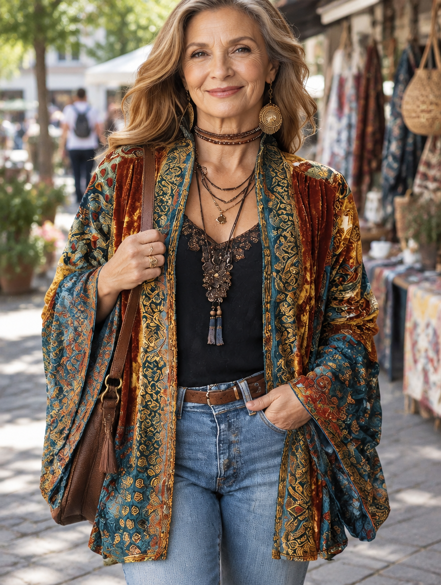 Woman wearing the Amara boho kimono jacket outdoors