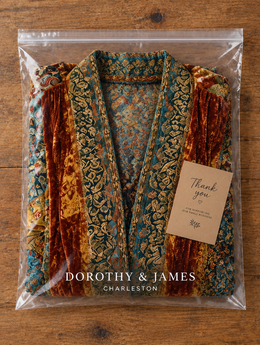 Amara kimono jacket folded in Dorothy & James Charleston packaging