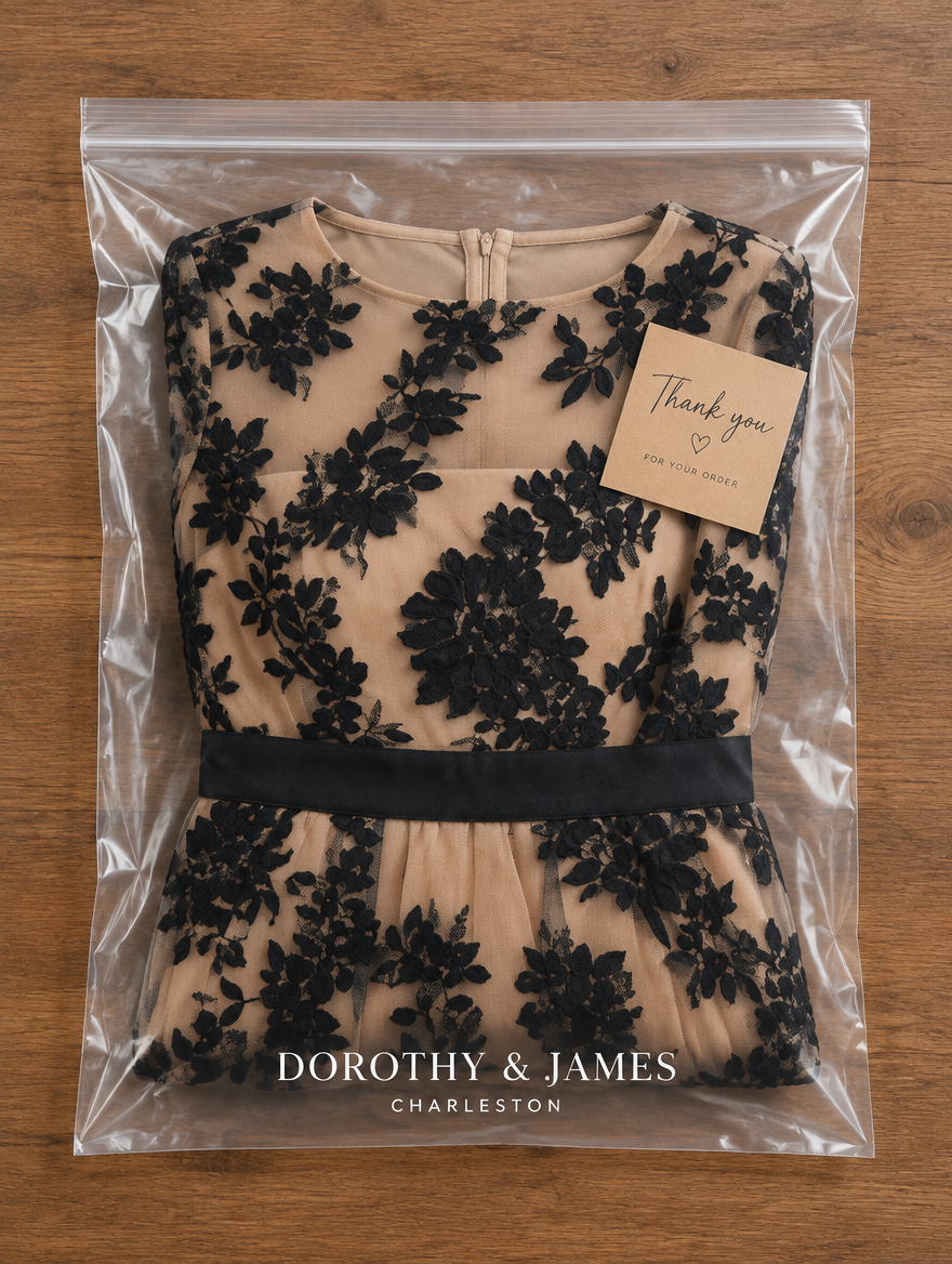 Black lace midi dress folded in Dorothy & James Charleston packaging