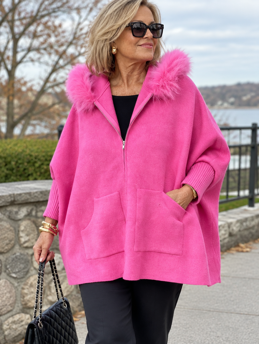 Woman wearing the Annabelle elegant fur-collar hooded jacket outdoors