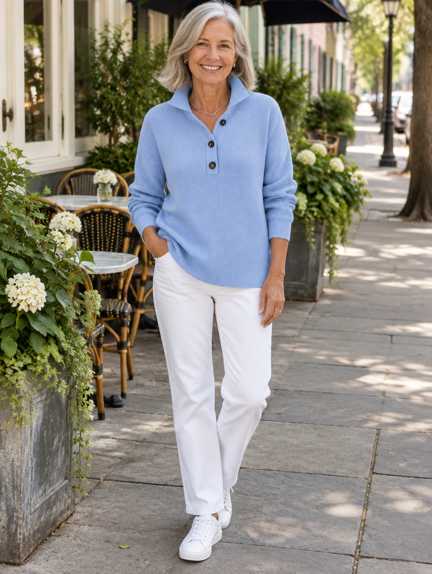 Woman wearing the Florence sky blue V-neck polo sweater with white jeans