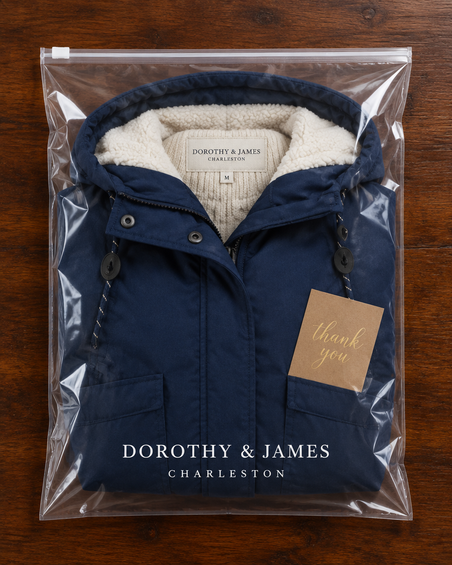 Marissa hooded puffer jacket folded in Dorothy & James Charleston packaging
