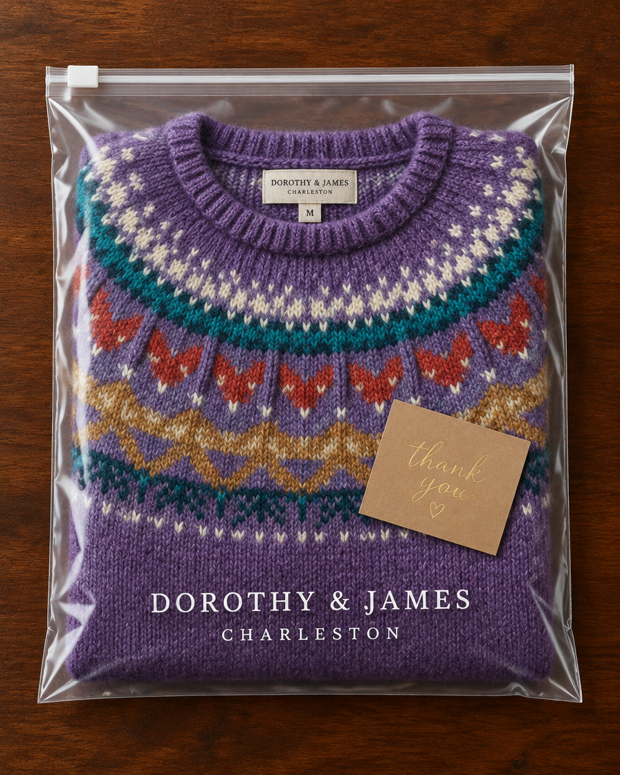 Sigrun purple Fair Isle jumper folded in Dorothy & James Charleston packaging