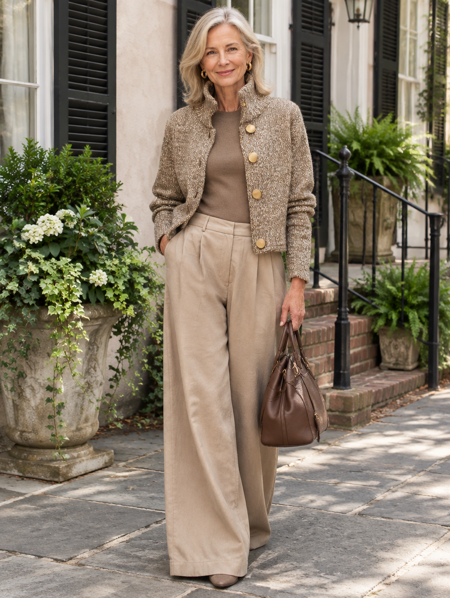 Woman wearing the Adeline tailored wool-blend jacket with wide-leg trousers