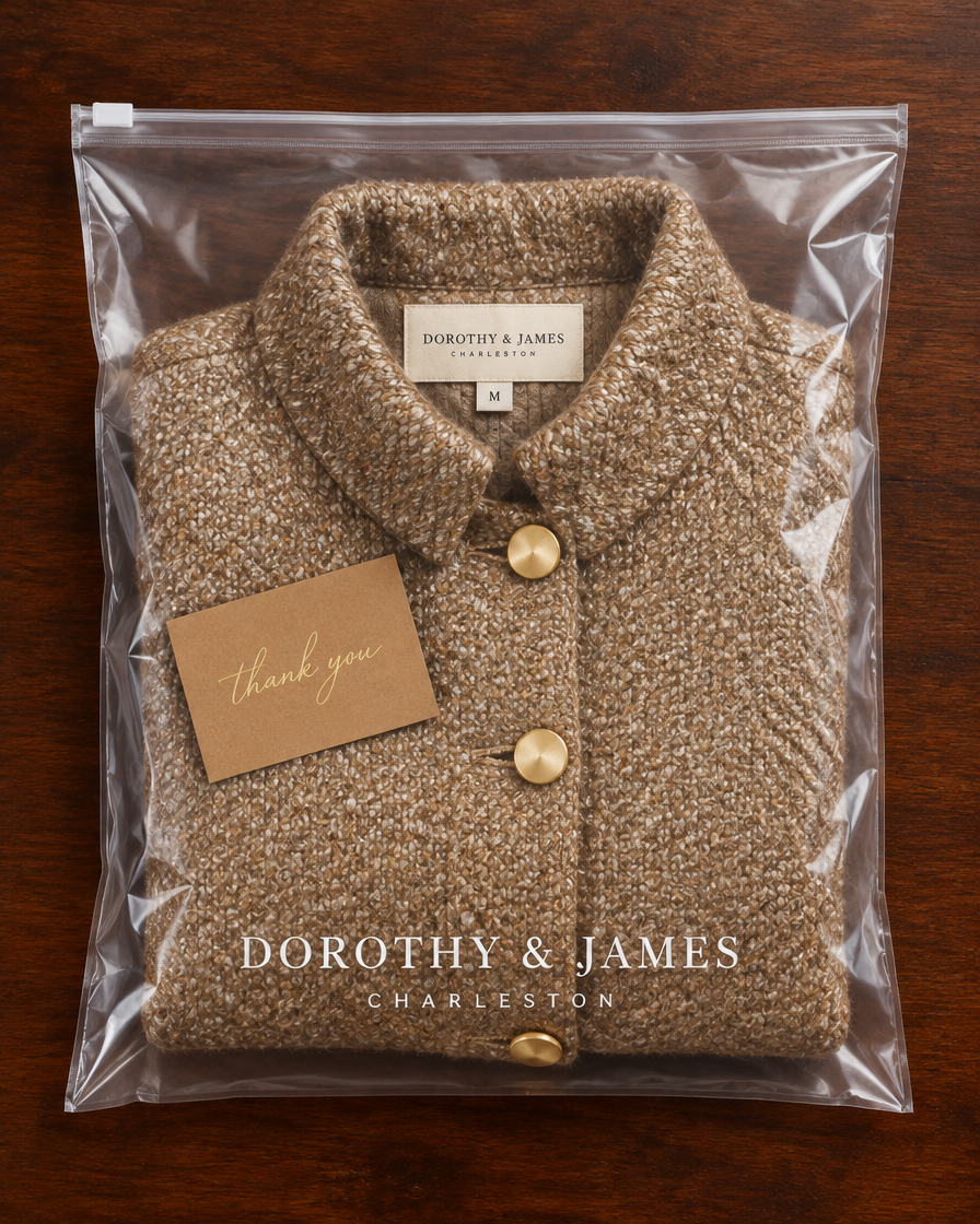 Adeline wool-blend jacket folded in Dorothy & James Charleston packaging